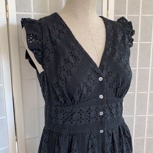 J Crew Black Cotton Eyelet Button Midi Dress Sz 10